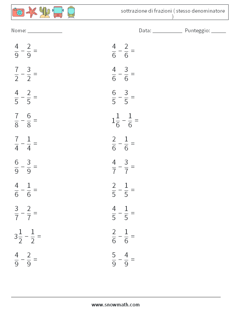 (20) sottrazione di frazioni ( stesso denominatore ) Fogli di lavoro di matematica 15