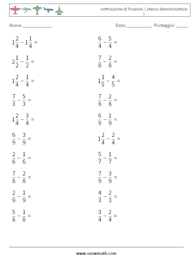 (20) sottrazione di frazioni ( stesso denominatore ) Fogli di lavoro di matematica 16