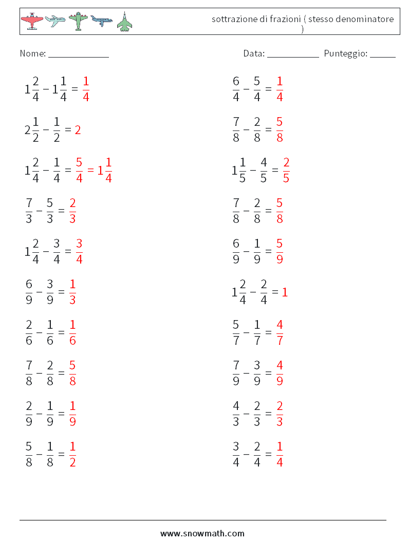 (20) sottrazione di frazioni ( stesso denominatore ) Fogli di lavoro di matematica 16 Domanda, Risposta