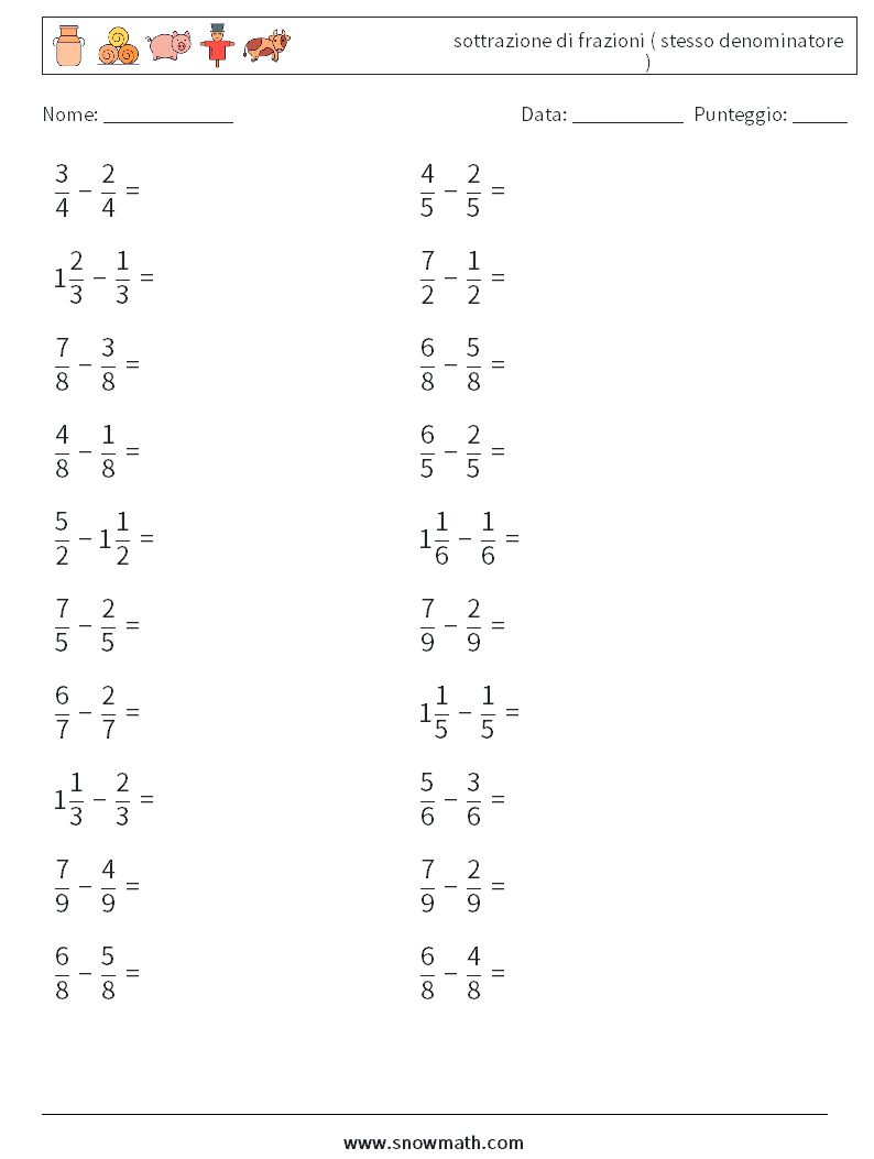 (20) sottrazione di frazioni ( stesso denominatore ) Fogli di lavoro di matematica 17
