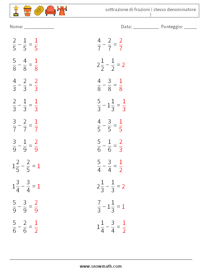 (20) sottrazione di frazioni ( stesso denominatore ) Fogli di lavoro di matematica 18 Domanda, Risposta