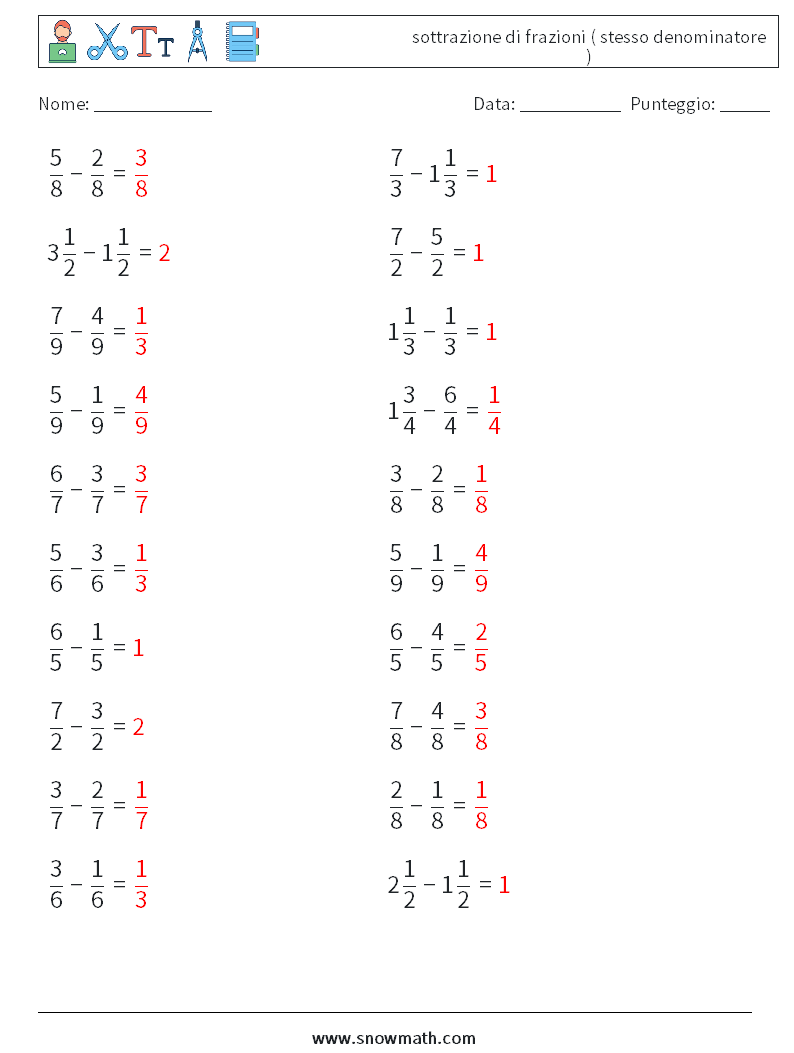 (20) sottrazione di frazioni ( stesso denominatore ) Fogli di lavoro di matematica 1 Domanda, Risposta