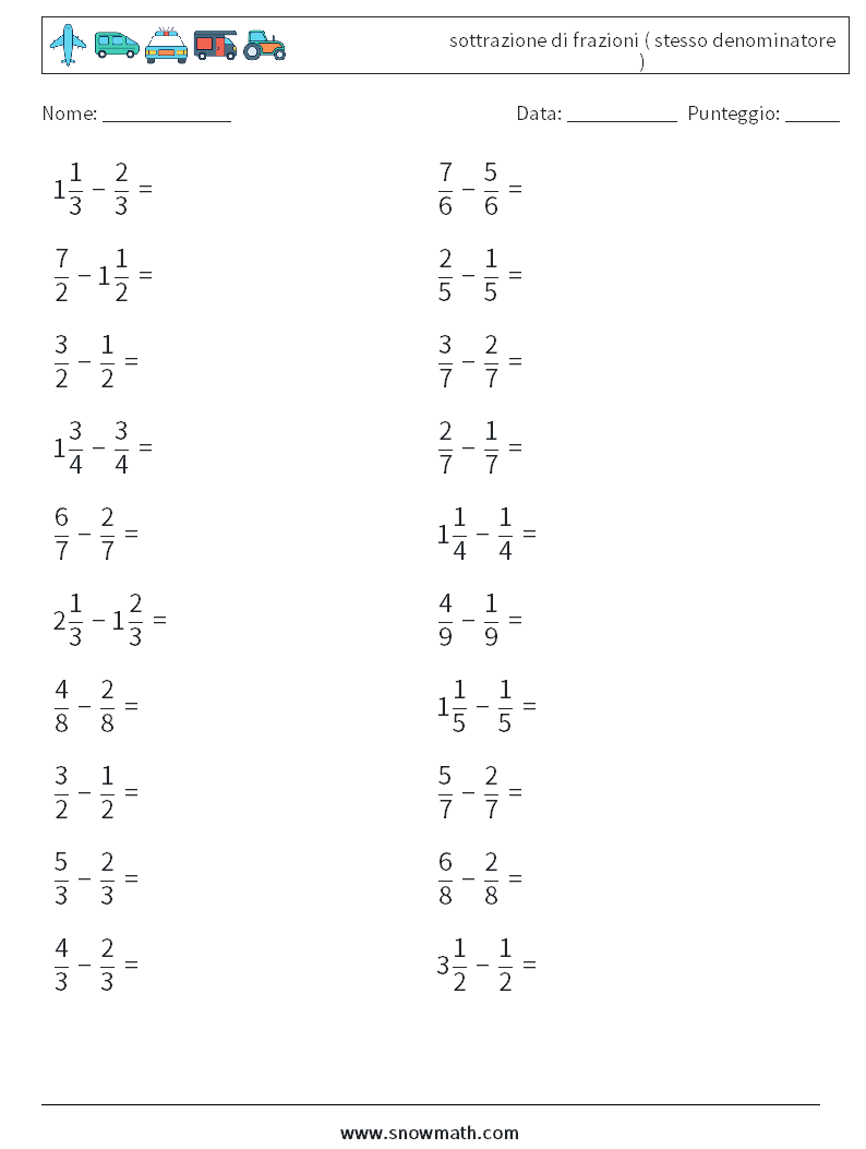 (20) sottrazione di frazioni ( stesso denominatore ) Fogli di lavoro di matematica 2