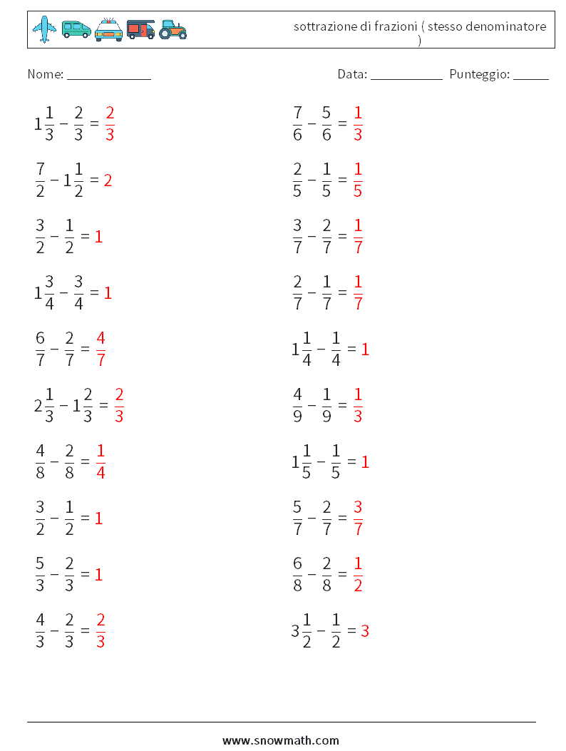 (20) sottrazione di frazioni ( stesso denominatore ) Fogli di lavoro di matematica 2 Domanda, Risposta
