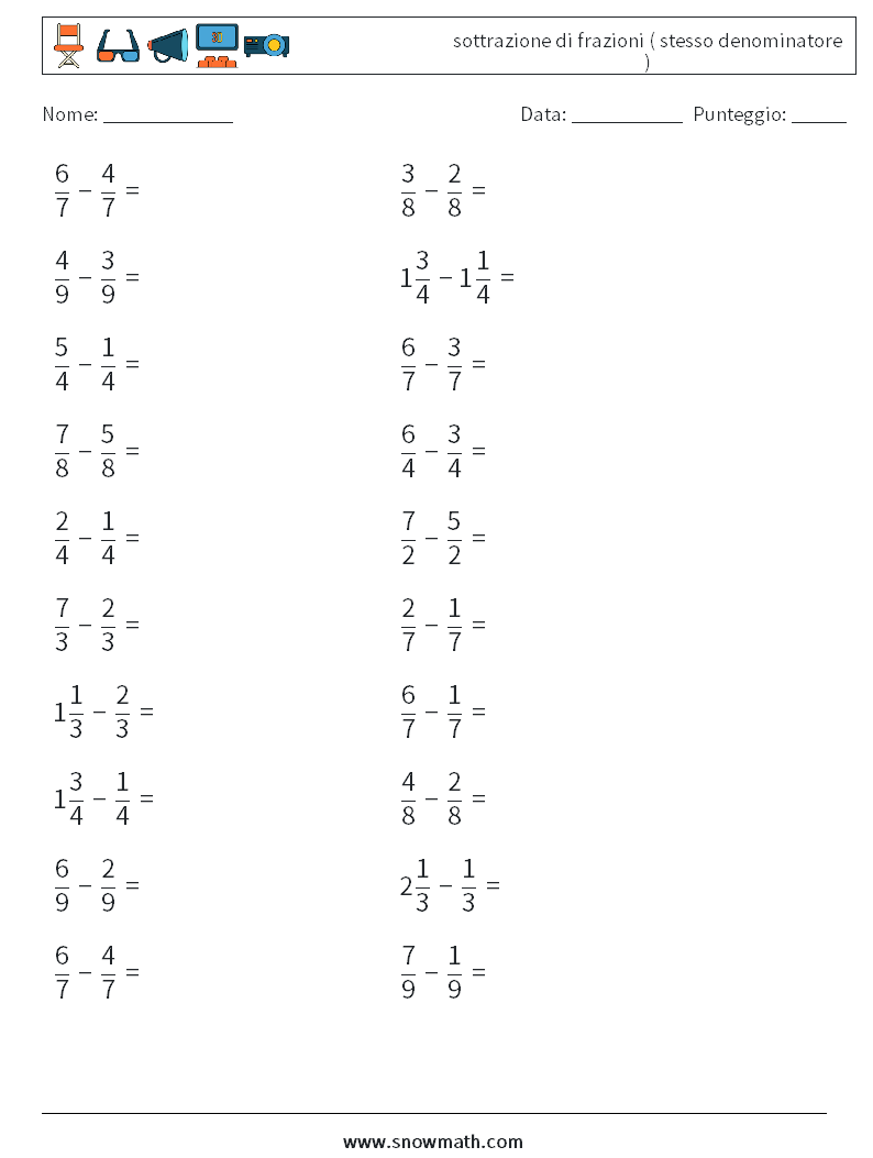 (20) sottrazione di frazioni ( stesso denominatore ) Fogli di lavoro di matematica 3