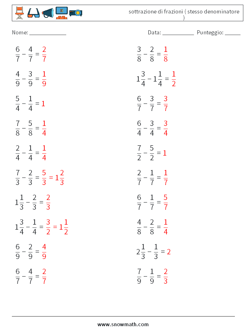 (20) sottrazione di frazioni ( stesso denominatore ) Fogli di lavoro di matematica 3 Domanda, Risposta