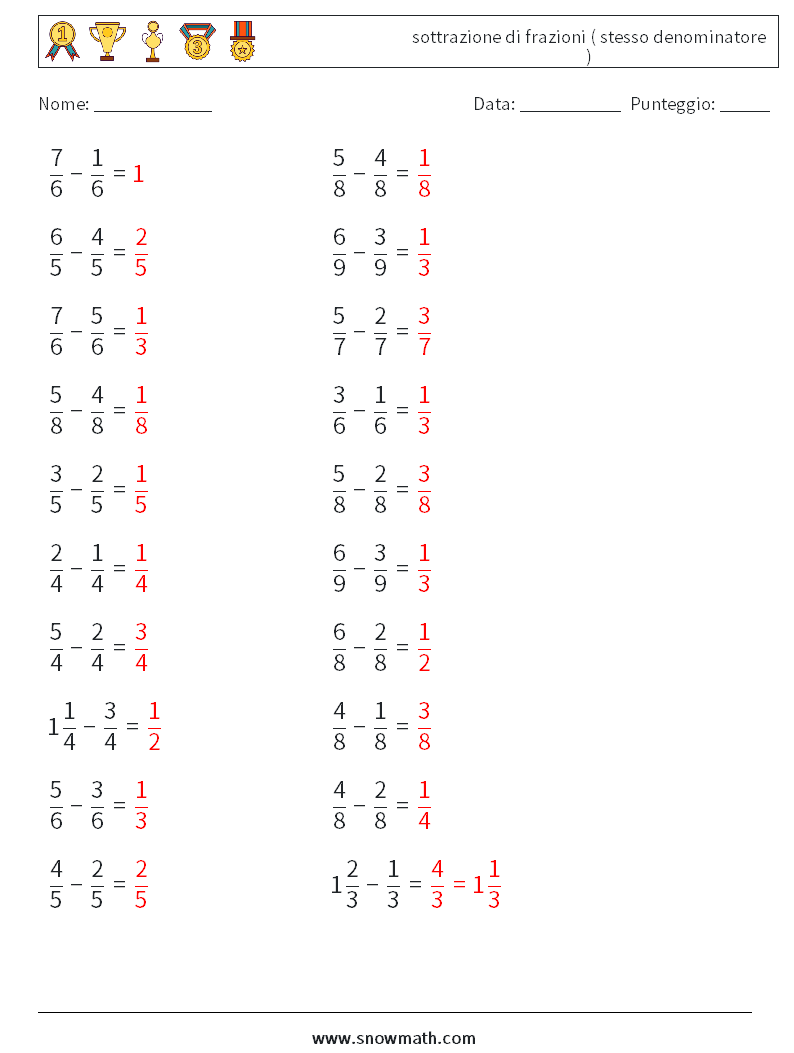 (20) sottrazione di frazioni ( stesso denominatore ) Fogli di lavoro di matematica 4 Domanda, Risposta