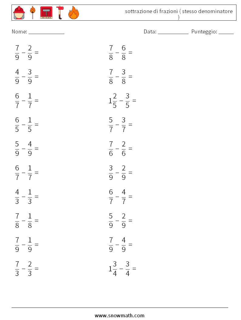 (20) sottrazione di frazioni ( stesso denominatore ) Fogli di lavoro di matematica 5