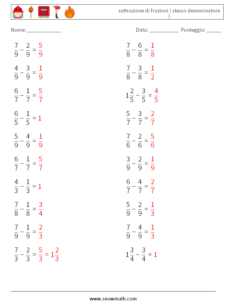 (20) sottrazione di frazioni ( stesso denominatore ) Fogli di lavoro di matematica 5 Domanda, Risposta