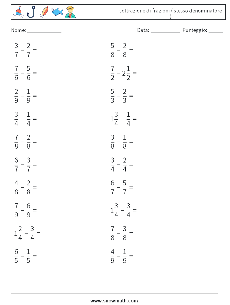 (20) sottrazione di frazioni ( stesso denominatore ) Fogli di lavoro di matematica 6