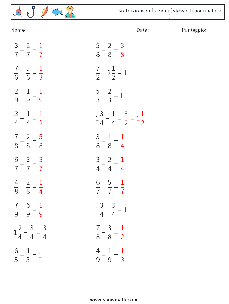 (20) sottrazione di frazioni ( stesso denominatore ) Fogli di lavoro di matematica 6 Domanda, Risposta