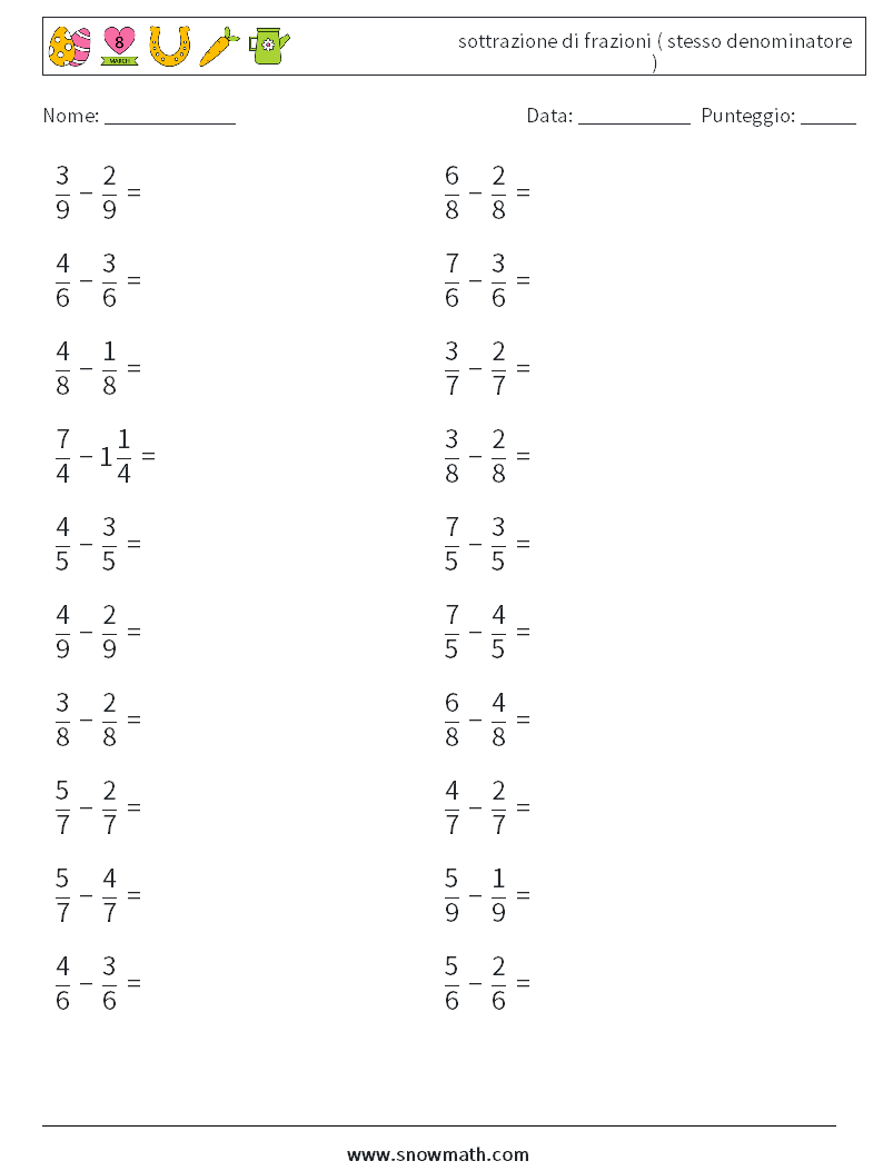 (20) sottrazione di frazioni ( stesso denominatore ) Fogli di lavoro di matematica 7