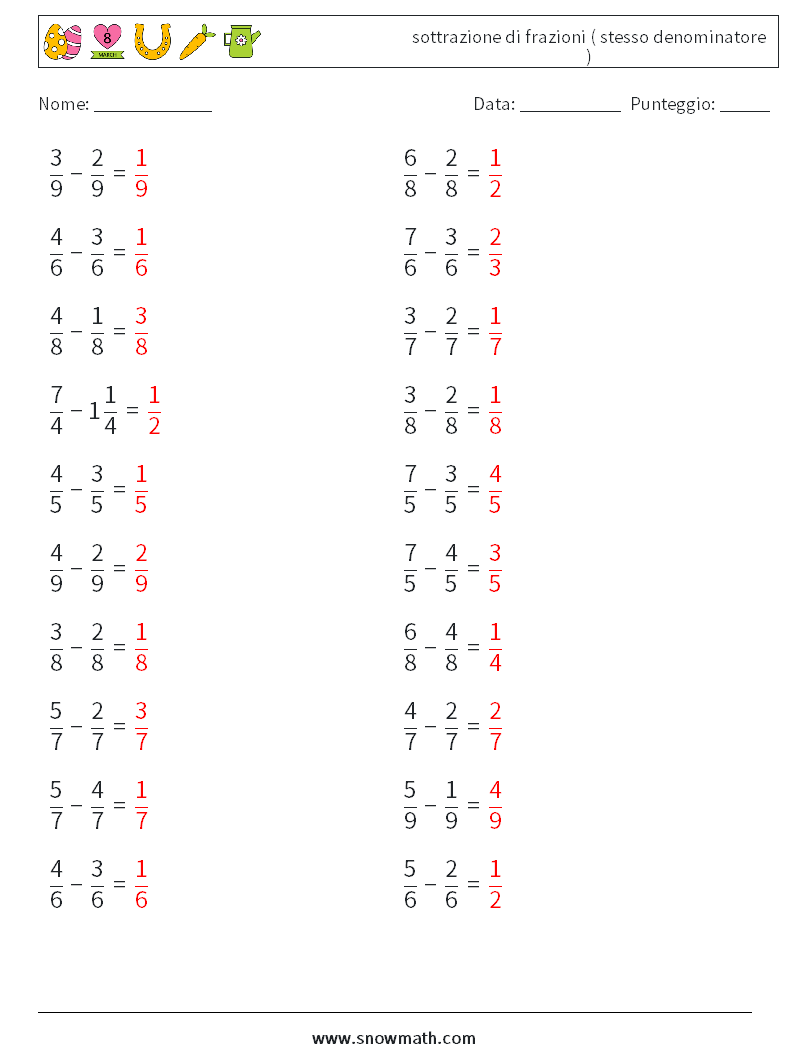 (20) sottrazione di frazioni ( stesso denominatore ) Fogli di lavoro di matematica 7 Domanda, Risposta
