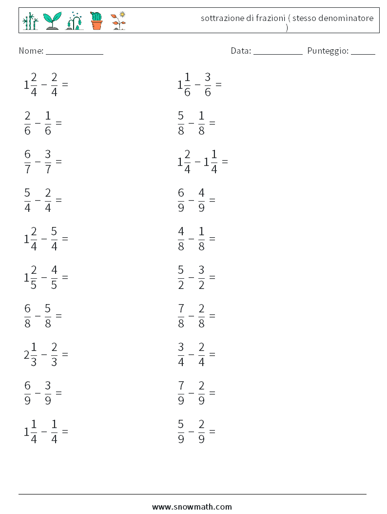 (20) sottrazione di frazioni ( stesso denominatore ) Fogli di lavoro di matematica 8