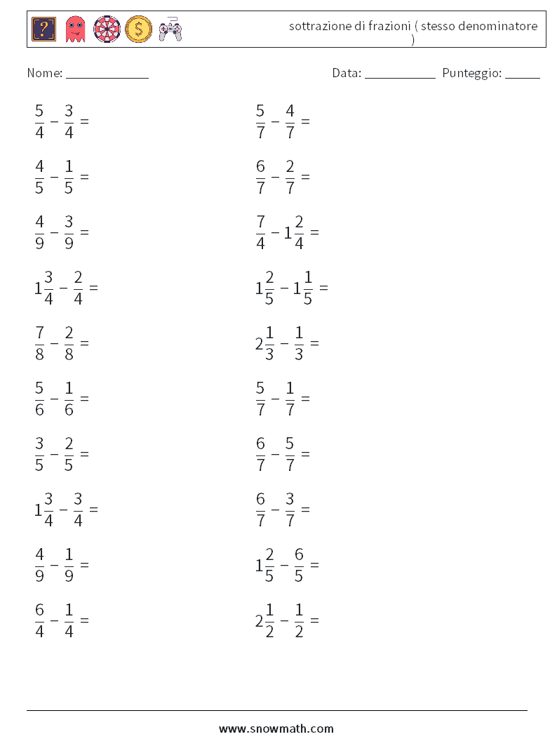 (20) sottrazione di frazioni ( stesso denominatore ) Fogli di lavoro di matematica 9