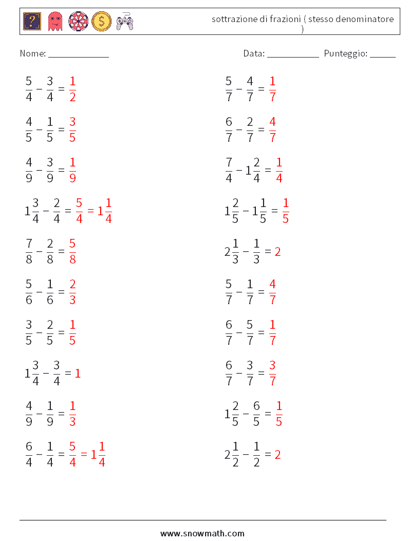 (20) sottrazione di frazioni ( stesso denominatore ) Fogli di lavoro di matematica 9 Domanda, Risposta