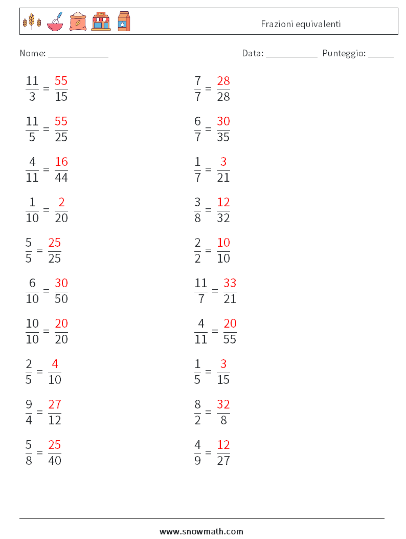 (20) Frazioni equivalenti Fogli di lavoro di matematica 2 Domanda, Risposta