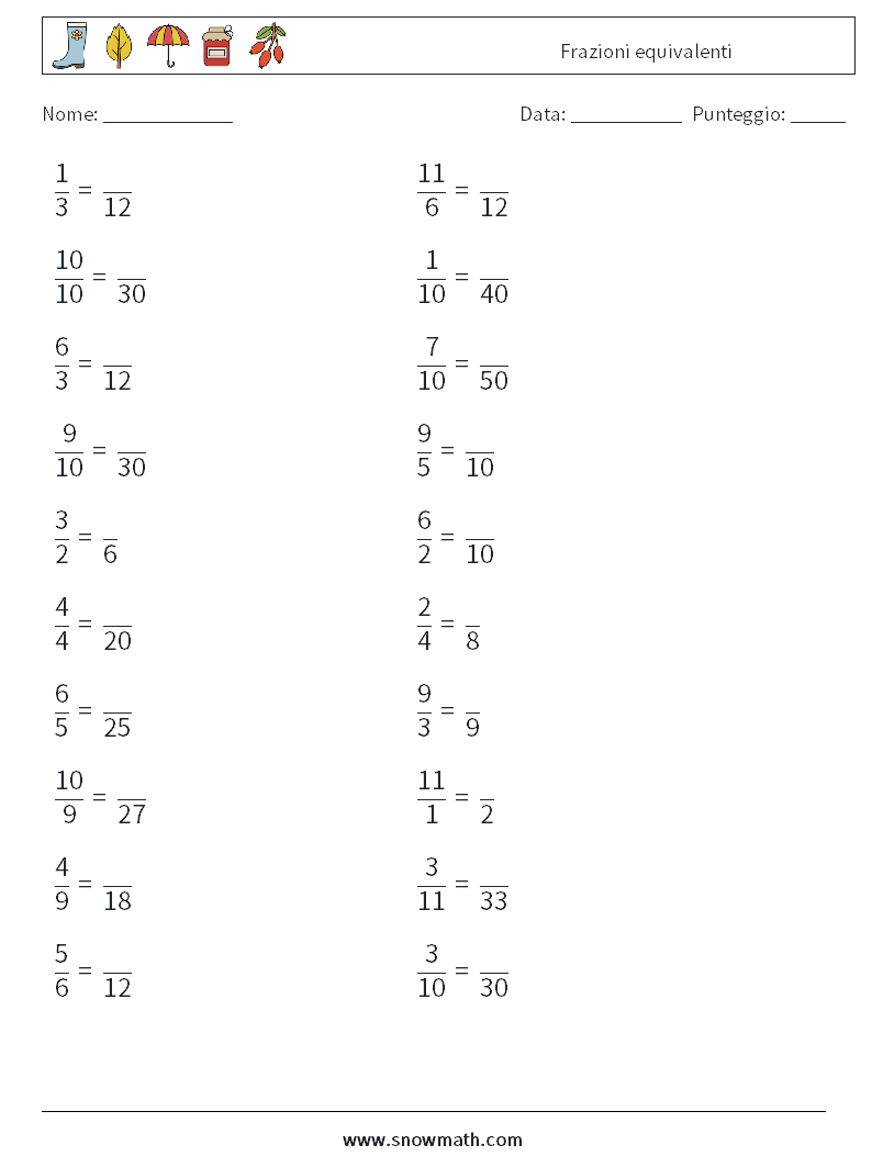 (20) Frazioni equivalenti Fogli di lavoro di matematica 4