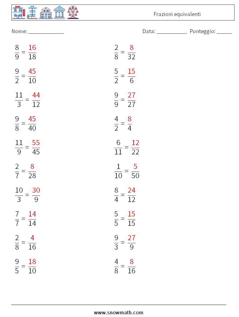 (20) Frazioni equivalenti Fogli di lavoro di matematica 5 Domanda, Risposta