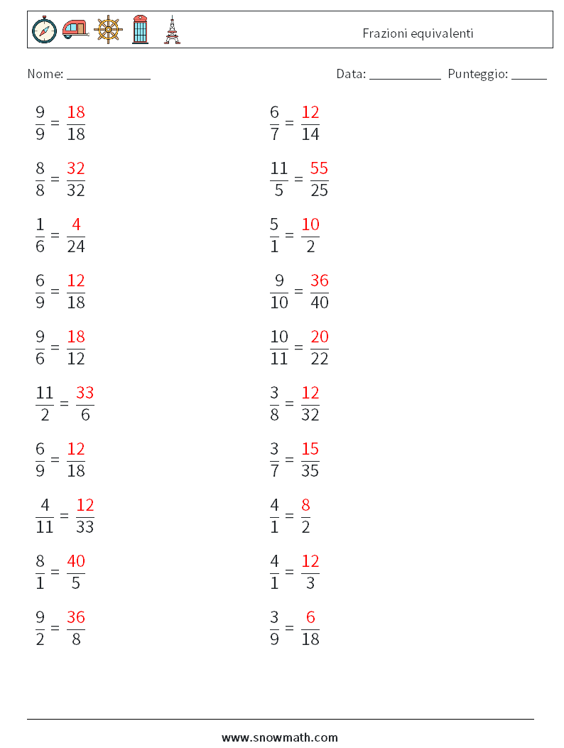 (20) Frazioni equivalenti Fogli di lavoro di matematica 7 Domanda, Risposta