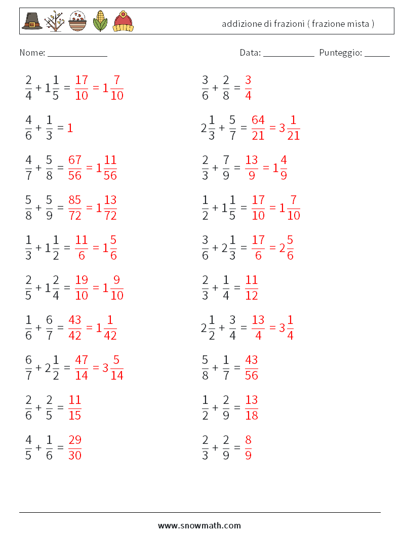 (20) addizione di frazioni ( frazione mista ) Fogli di lavoro di matematica 10 Domanda, Risposta