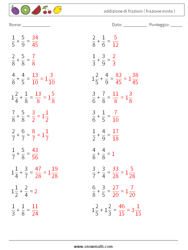 (20) addizione di frazioni ( frazione mista ) Fogli di lavoro di matematica 11 Domanda, Risposta