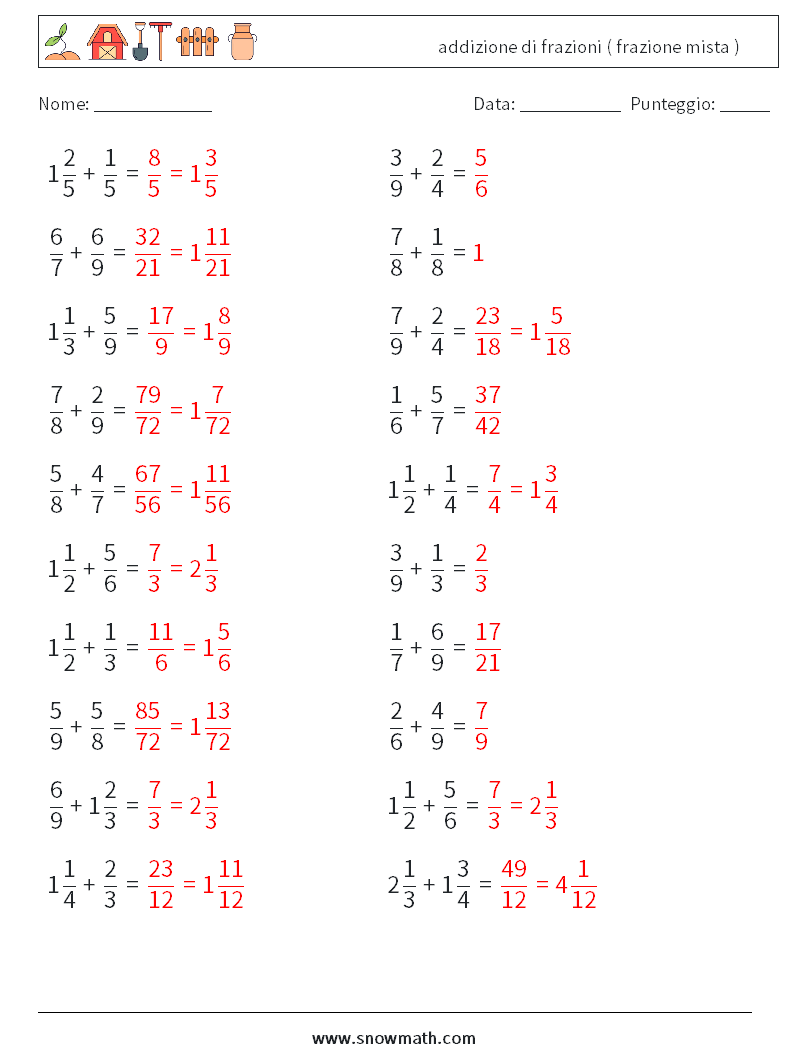 (20) addizione di frazioni ( frazione mista ) Fogli di lavoro di matematica 12 Domanda, Risposta