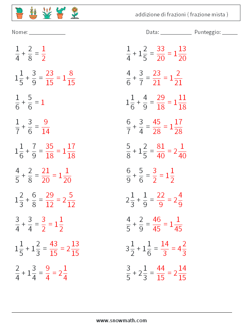 (20) addizione di frazioni ( frazione mista ) Fogli di lavoro di matematica 13 Domanda, Risposta