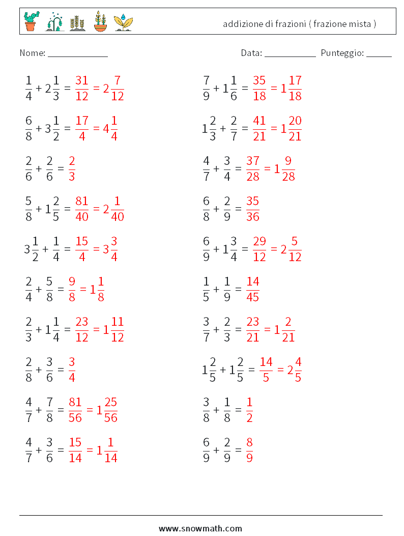 (20) addizione di frazioni ( frazione mista ) Fogli di lavoro di matematica 14 Domanda, Risposta