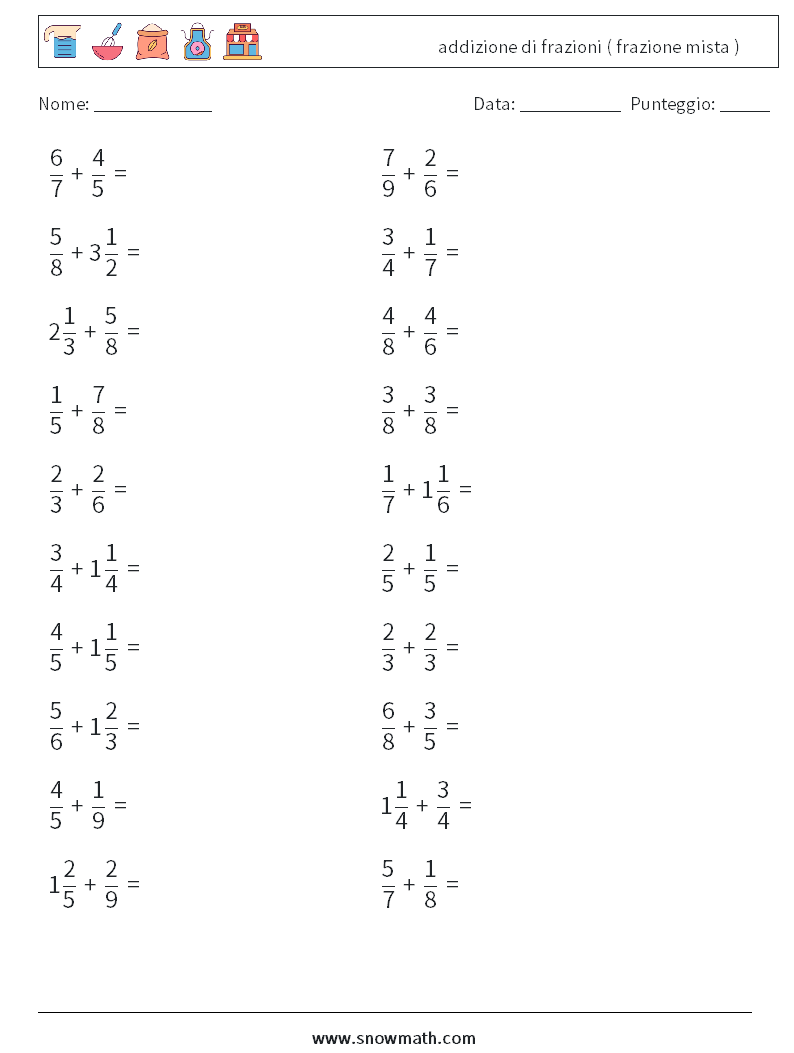 (20) addizione di frazioni ( frazione mista ) Fogli di lavoro di matematica 15