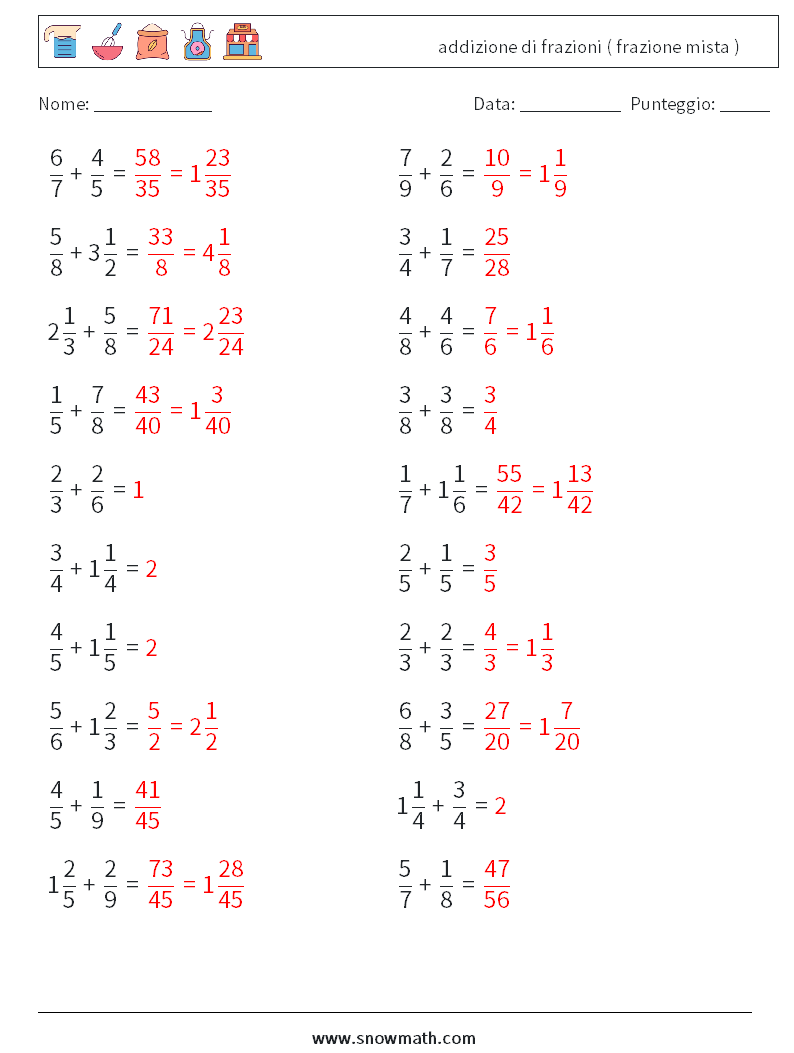 (20) addizione di frazioni ( frazione mista ) Fogli di lavoro di matematica 15 Domanda, Risposta