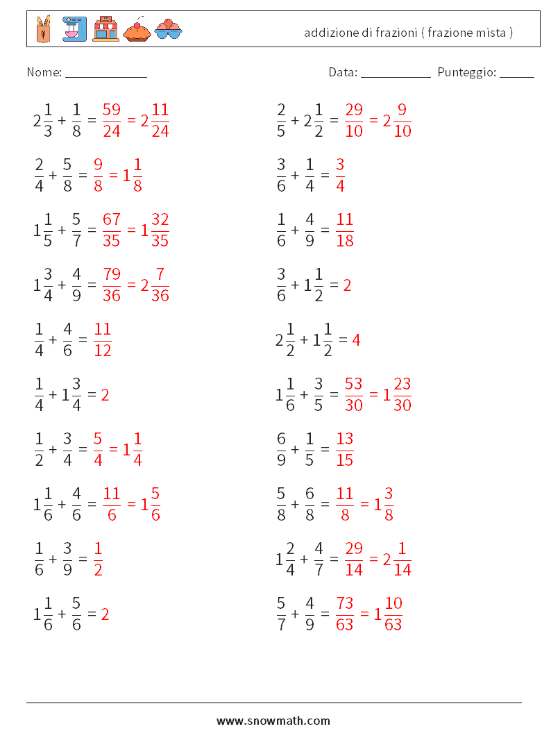 (20) addizione di frazioni ( frazione mista ) Fogli di lavoro di matematica 16 Domanda, Risposta