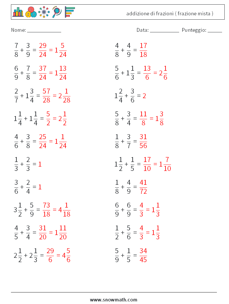 (20) addizione di frazioni ( frazione mista ) Fogli di lavoro di matematica 17 Domanda, Risposta