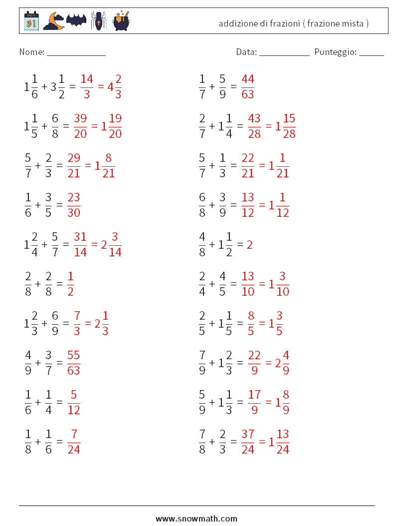 (20) addizione di frazioni ( frazione mista ) Fogli di lavoro di matematica 18 Domanda, Risposta