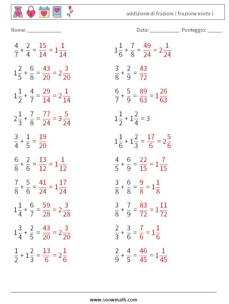 (20) addizione di frazioni ( frazione mista ) Fogli di lavoro di matematica 1 Domanda, Risposta