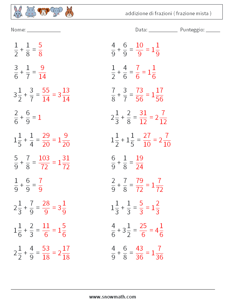 (20) addizione di frazioni ( frazione mista ) Fogli di lavoro di matematica 3 Domanda, Risposta