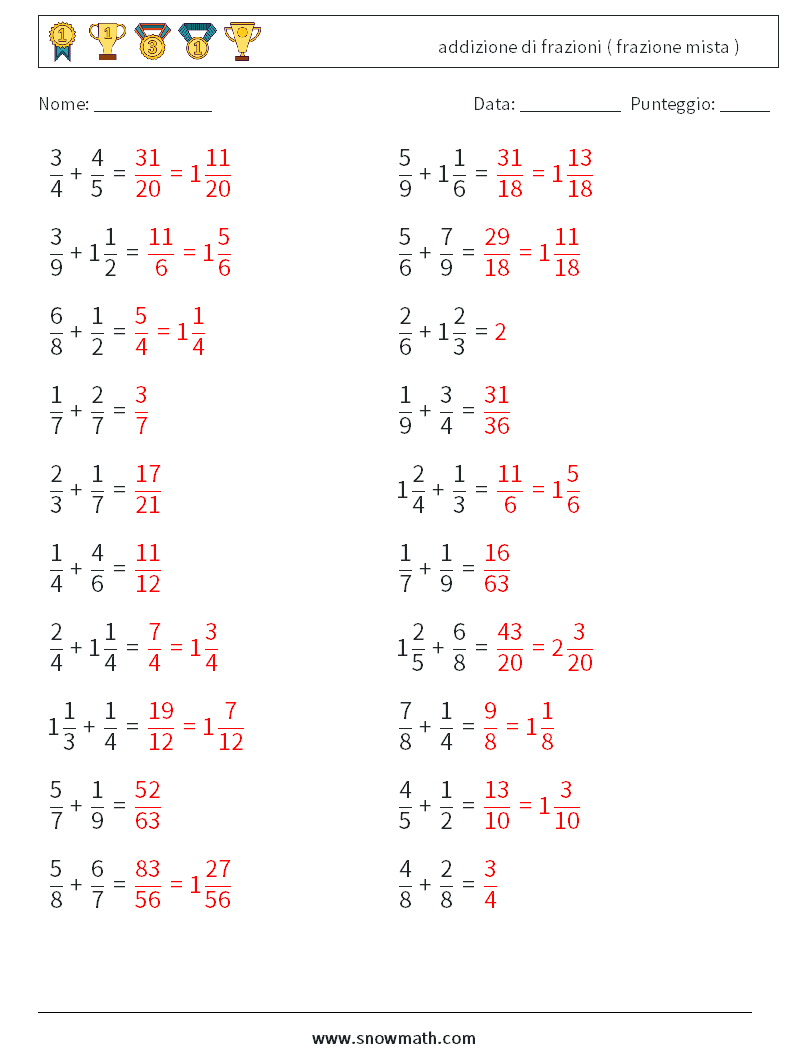 (20) addizione di frazioni ( frazione mista ) Fogli di lavoro di matematica 4 Domanda, Risposta