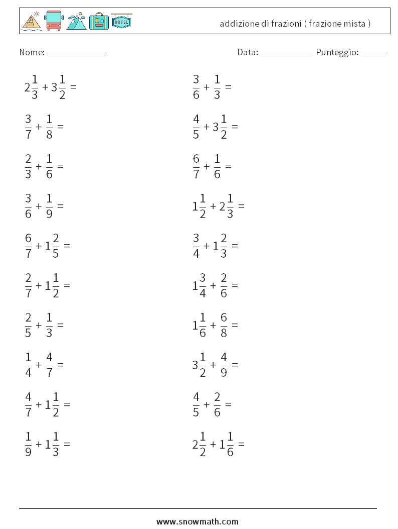 (20) addizione di frazioni ( frazione mista ) Fogli di lavoro di matematica 5