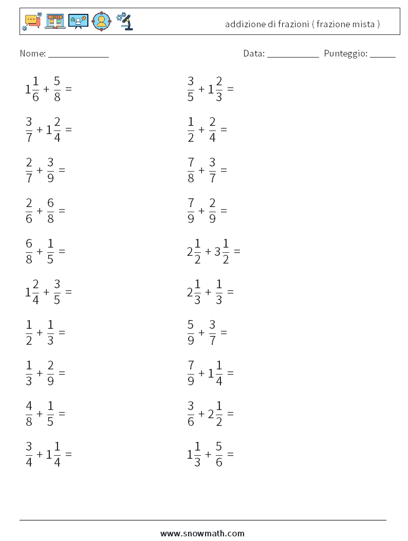 (20) addizione di frazioni ( frazione mista ) Fogli di lavoro di matematica 6