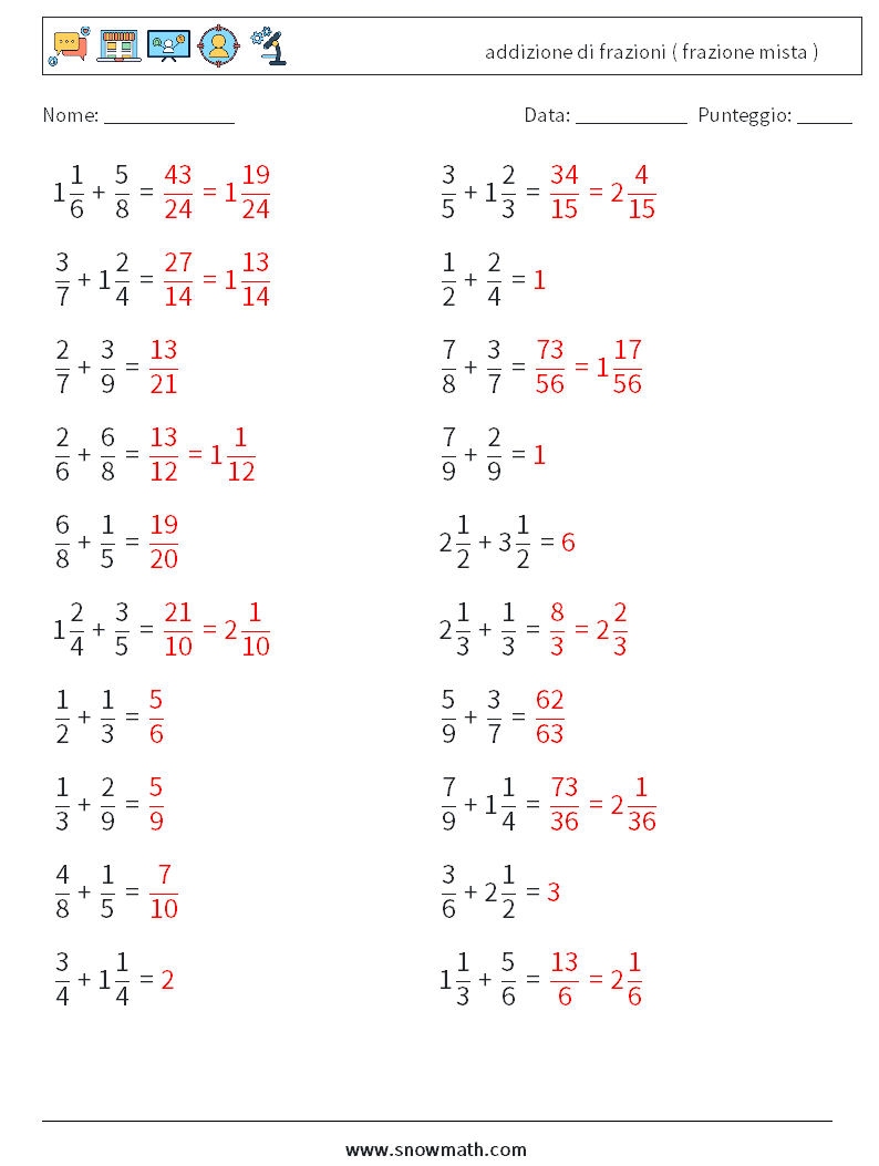 (20) addizione di frazioni ( frazione mista ) Fogli di lavoro di matematica 6 Domanda, Risposta