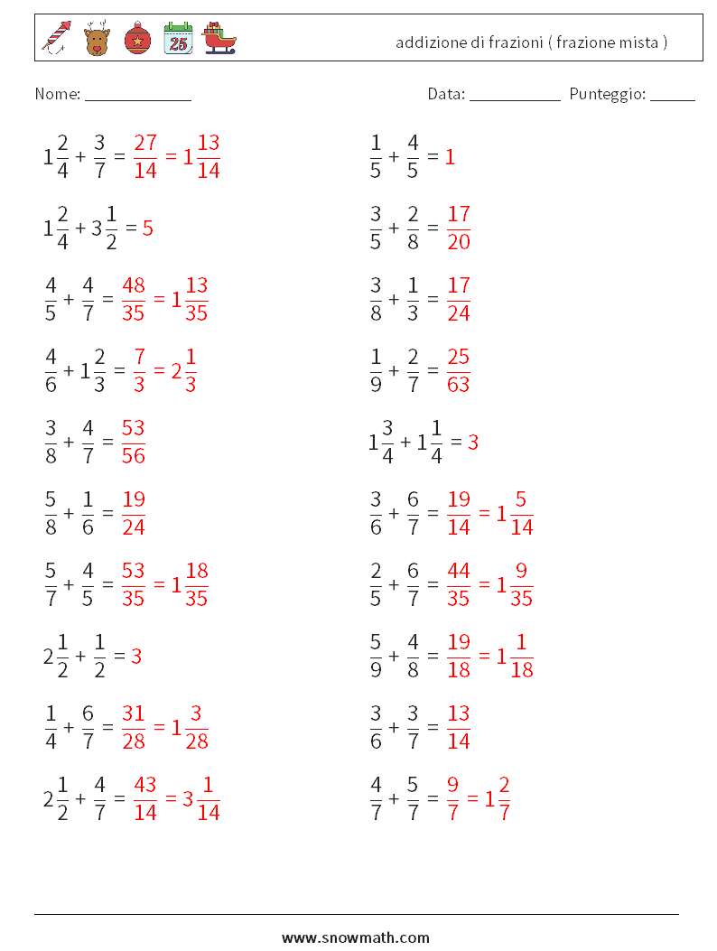 (20) addizione di frazioni ( frazione mista ) Fogli di lavoro di matematica 7 Domanda, Risposta