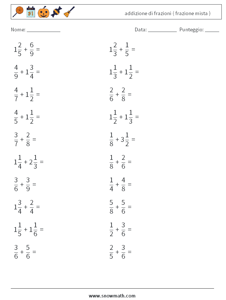 (20) addizione di frazioni ( frazione mista ) Fogli di lavoro di matematica 8