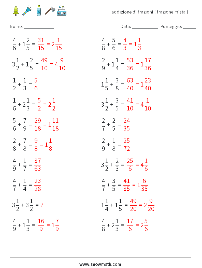 (20) addizione di frazioni ( frazione mista ) Fogli di lavoro di matematica 9 Domanda, Risposta