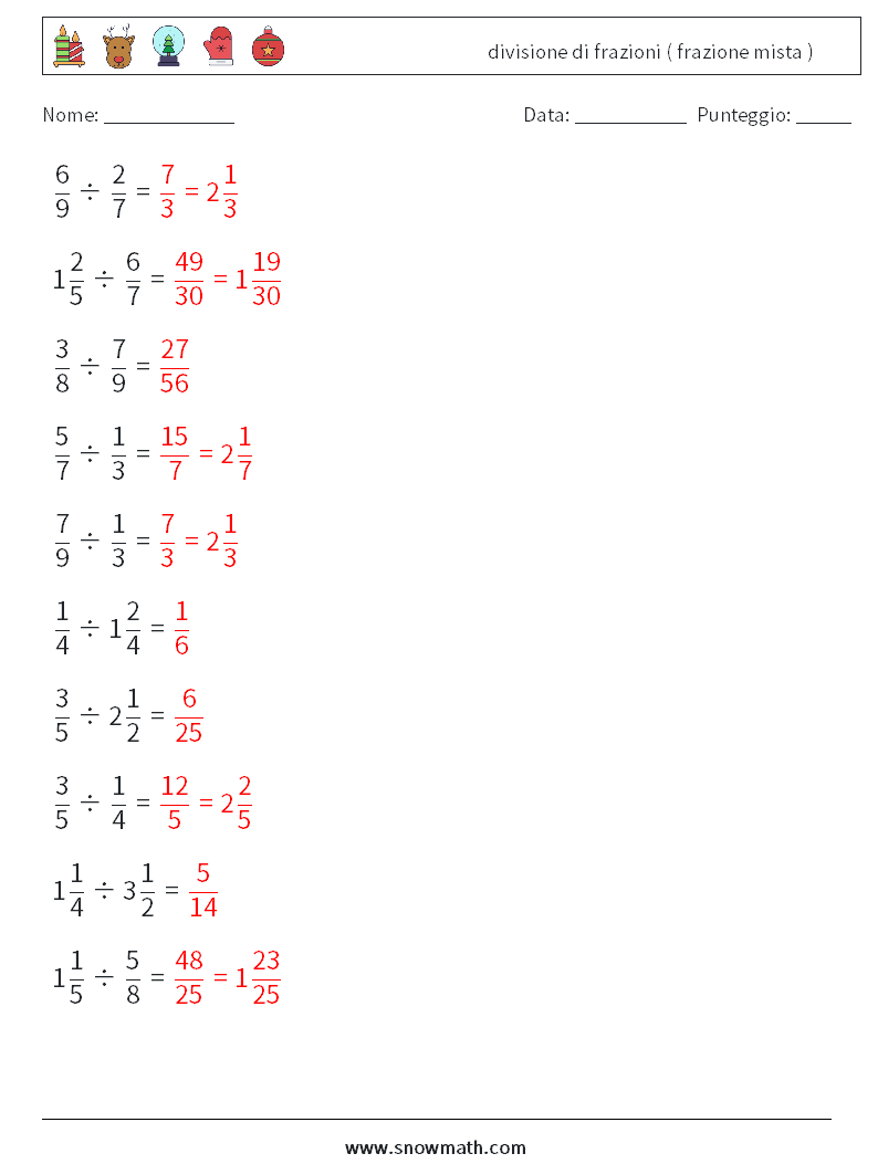 (10) divisione di frazioni ( frazione mista ) Fogli di lavoro di matematica 10 Domanda, Risposta