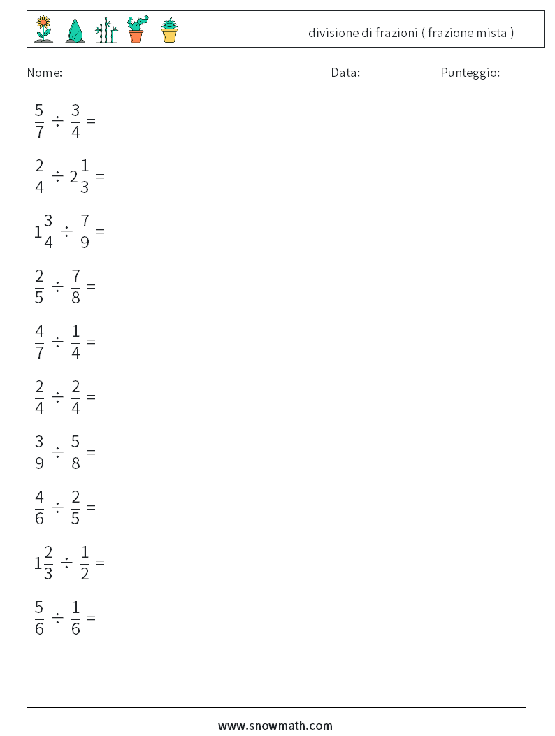 (10) divisione di frazioni ( frazione mista ) Fogli di lavoro di matematica 11