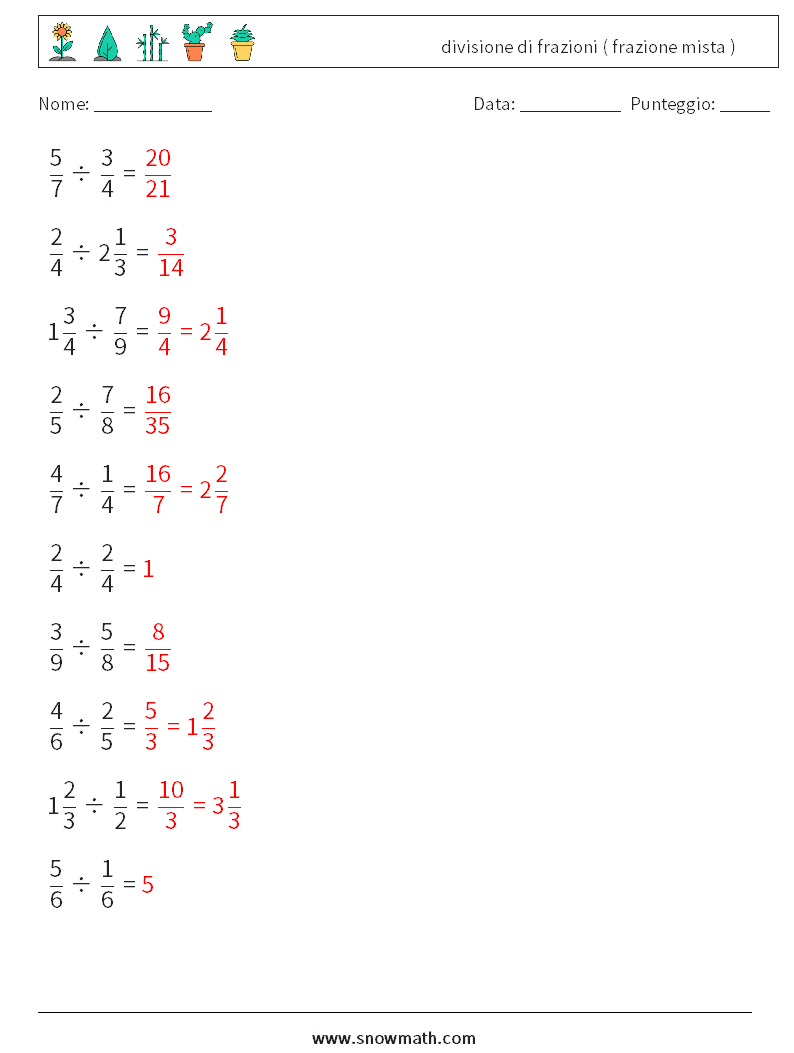 (10) divisione di frazioni ( frazione mista ) Fogli di lavoro di matematica 11 Domanda, Risposta