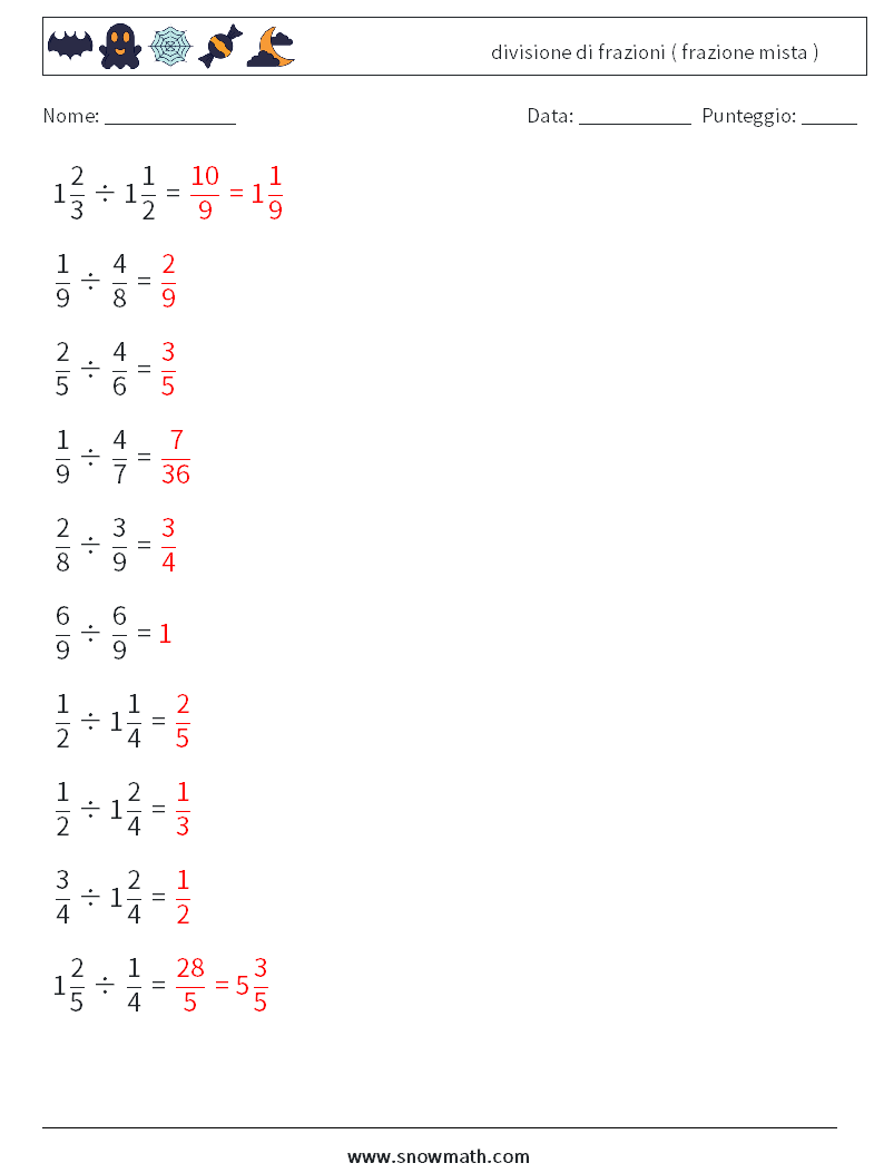 (10) divisione di frazioni ( frazione mista ) Fogli di lavoro di matematica 12 Domanda, Risposta