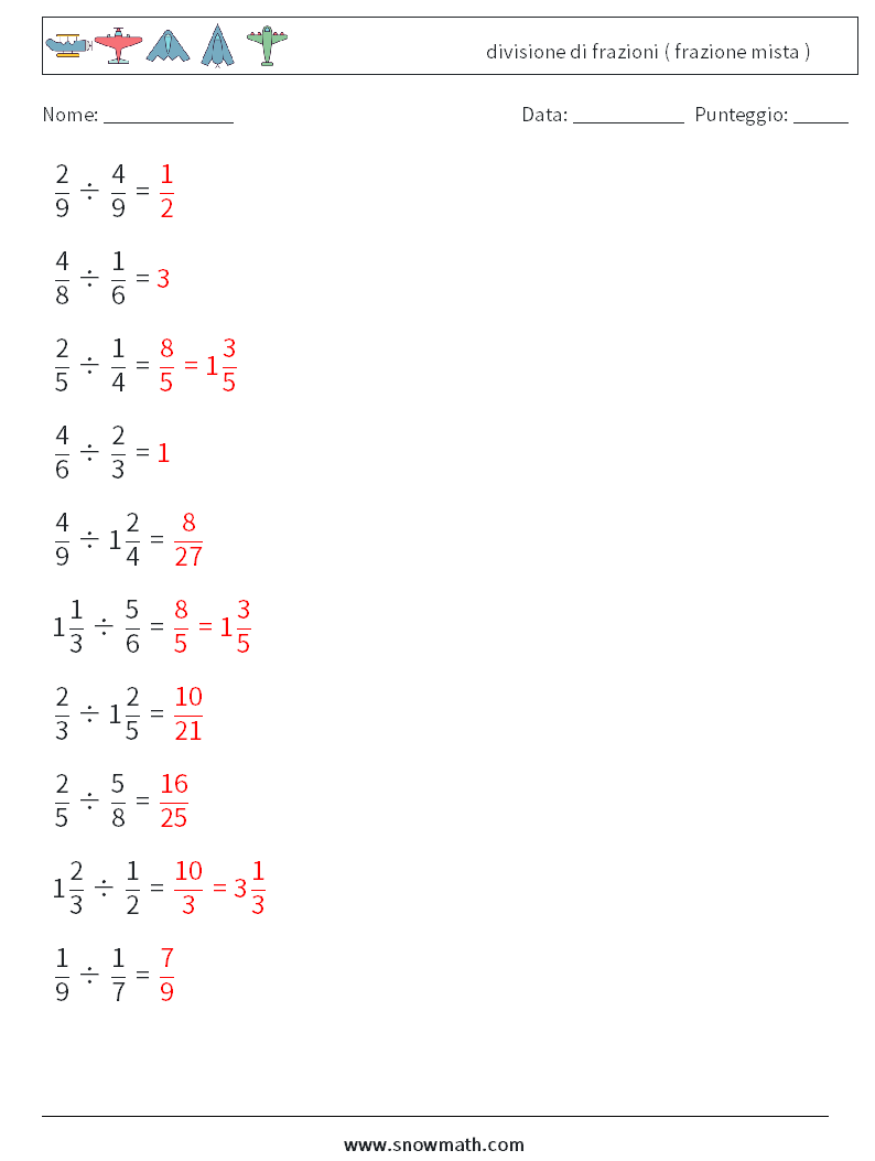 (10) divisione di frazioni ( frazione mista ) Fogli di lavoro di matematica 13 Domanda, Risposta