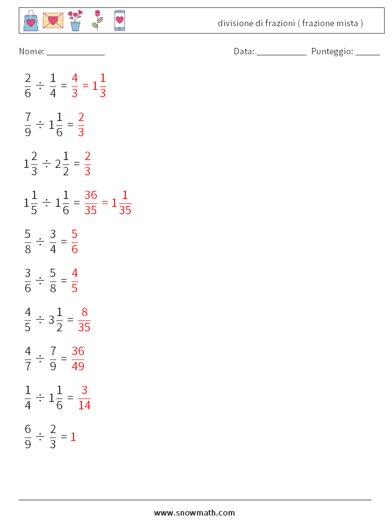(10) divisione di frazioni ( frazione mista ) Fogli di lavoro di matematica 14 Domanda, Risposta