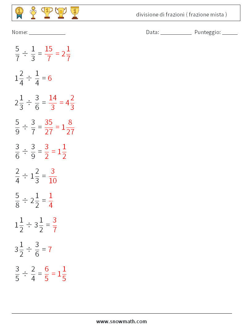 (10) divisione di frazioni ( frazione mista ) Fogli di lavoro di matematica 15 Domanda, Risposta